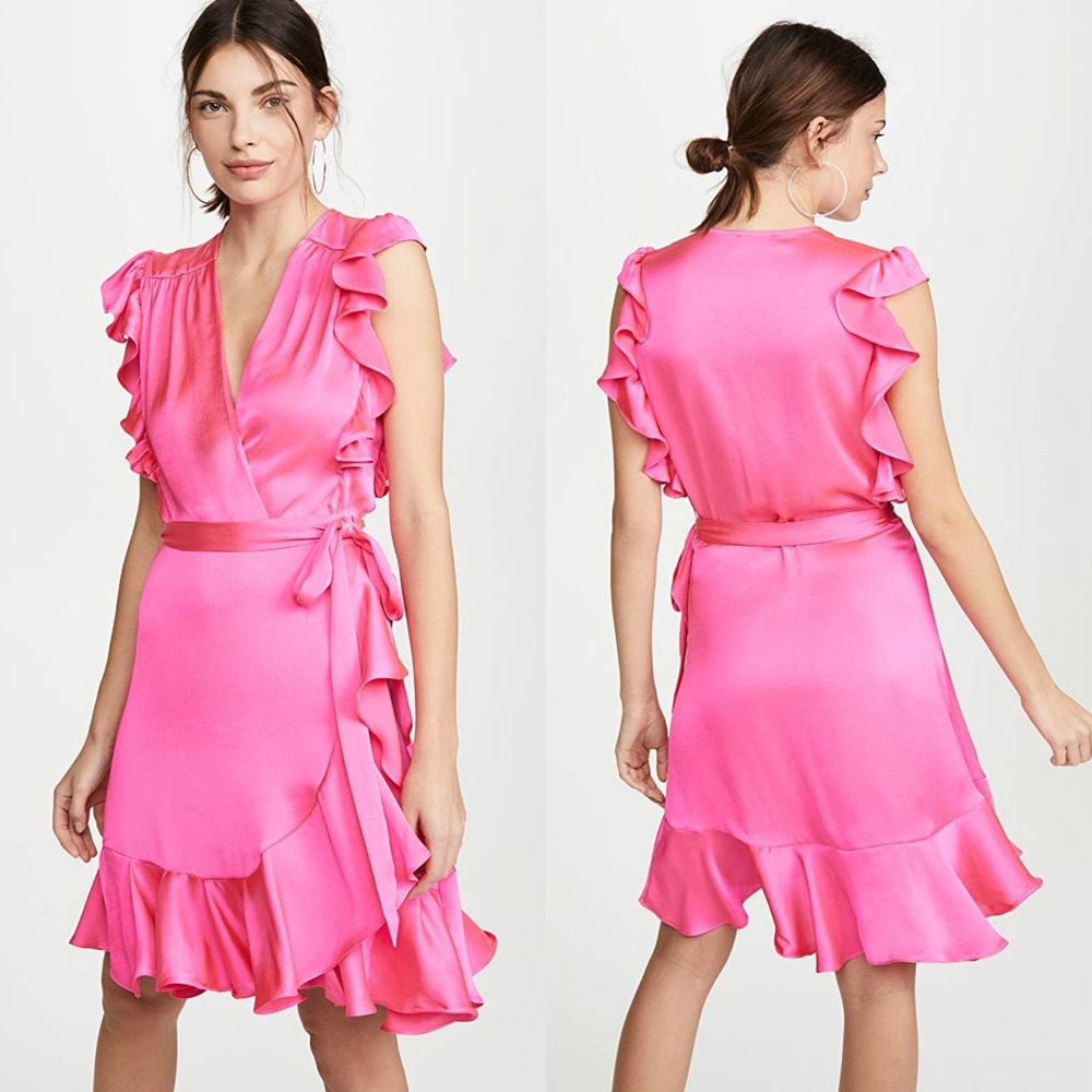 7FAM Sleeveless Ruffle Wrap Satin Pink Mini Dress